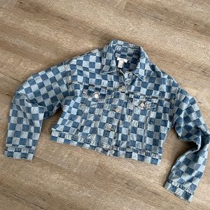 Cropped Checkered Denim Jacket